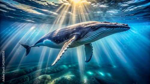 shark in the ocean. Majestic Humpback Whale Swimming Gracefully in Deep Blue Ocean
