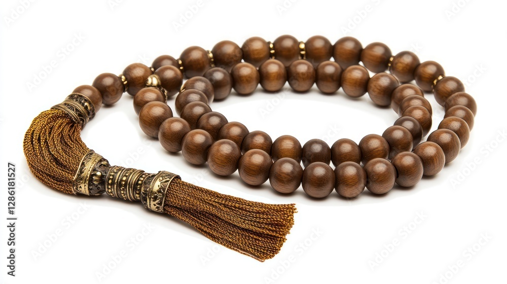 Obraz premium Wooden Prayer Beads with Tassel Close Up on White Background