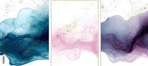 A set of abstract dusty blue liquid watercolor backgrounds with golden stains and a frame. The background features a pastel marble effect using alcohol ink, making it an ideal modern design template