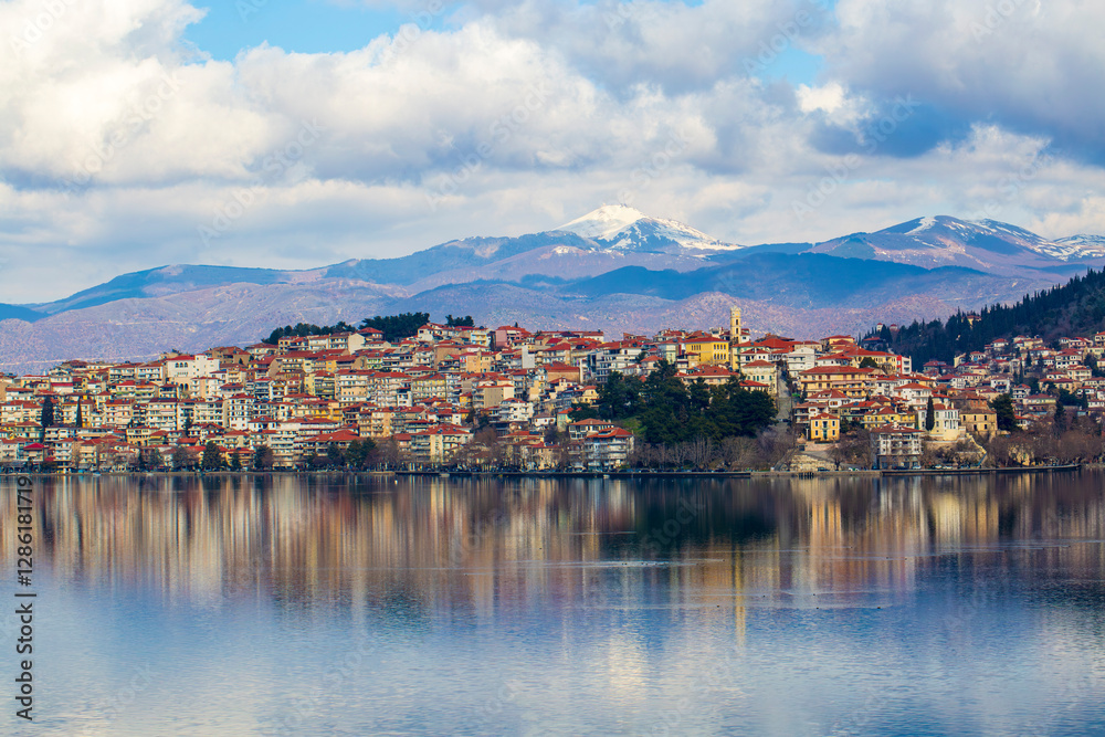 Aerial view of the city of Kastoria and Lake Orestiada in north Greece.