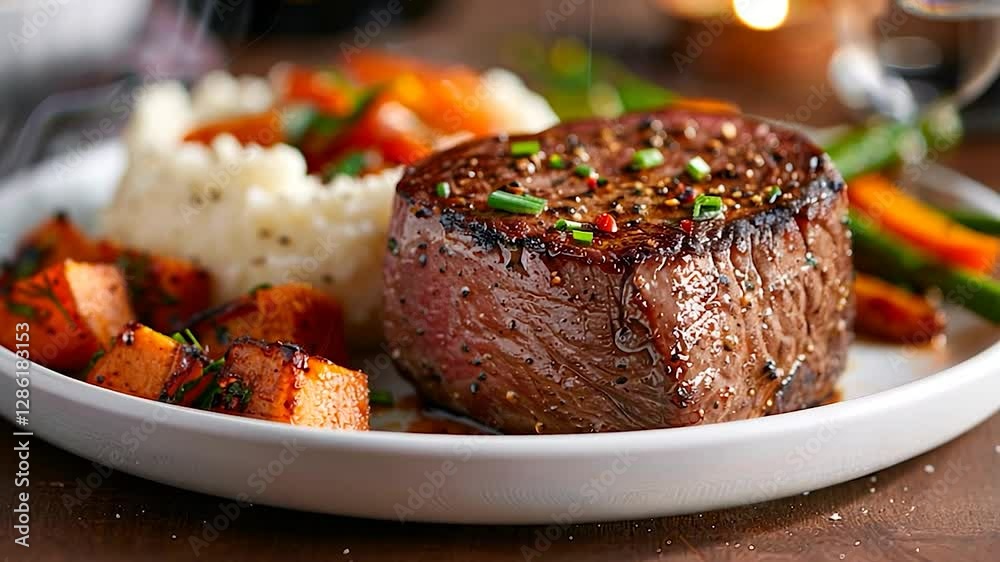 Delicious steak dinner with mashed potatoes and roasted vegetables on a plate, warm lighting in background Delicious steak dinner with mashed potatoes and roasted vegetables on a plate, warm lighting in background