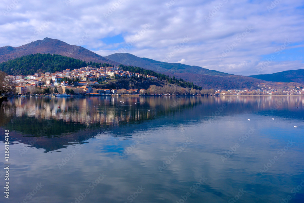 View of the city of Kastoria and Lake Orestiada in north Greece.