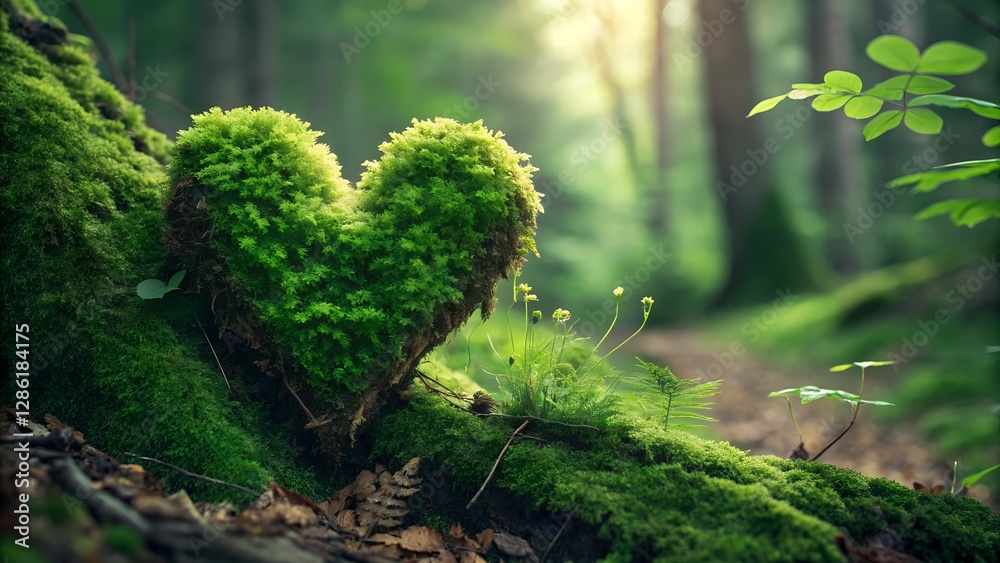 Obraz premium Love Grows in the Woods: A heart-shaped moss formation, nestled on a weathered tree trunk amidst a sun-dappled forest, symbolizes love and nature's embrace.