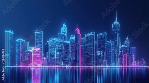 Futuristic city skyline with neon lights.