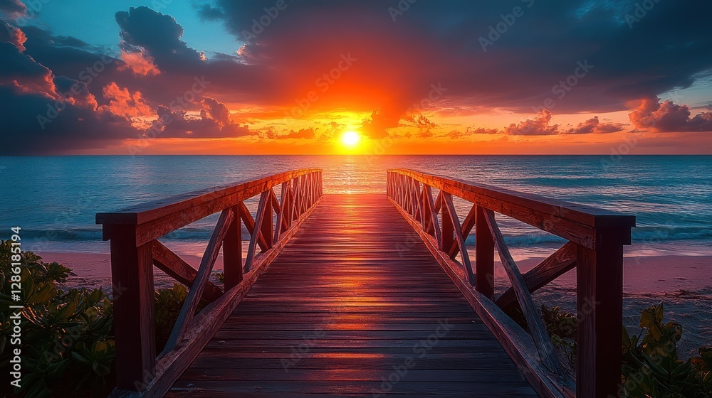 Obraz premium Sunrise Beach Wooden Pier Pathway