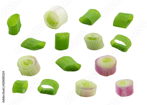 Green onion slices, fresh cut chives isolated on white background photo
