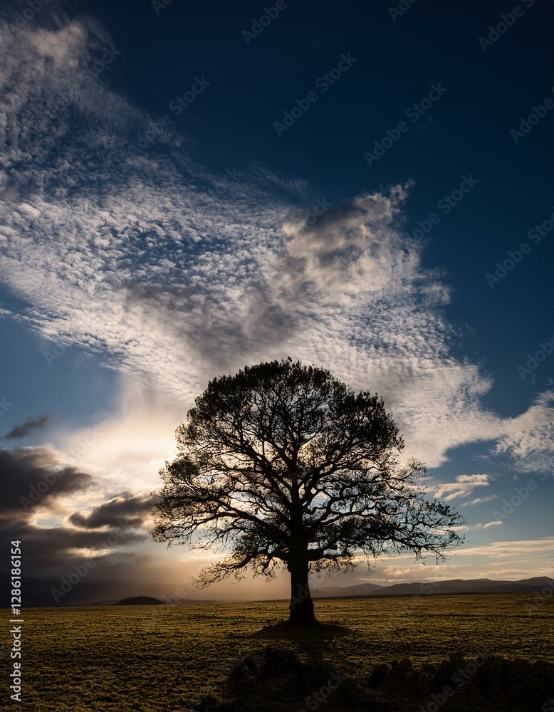 Obraz premium Silhouette of a single tree against an expansive cloudy sky