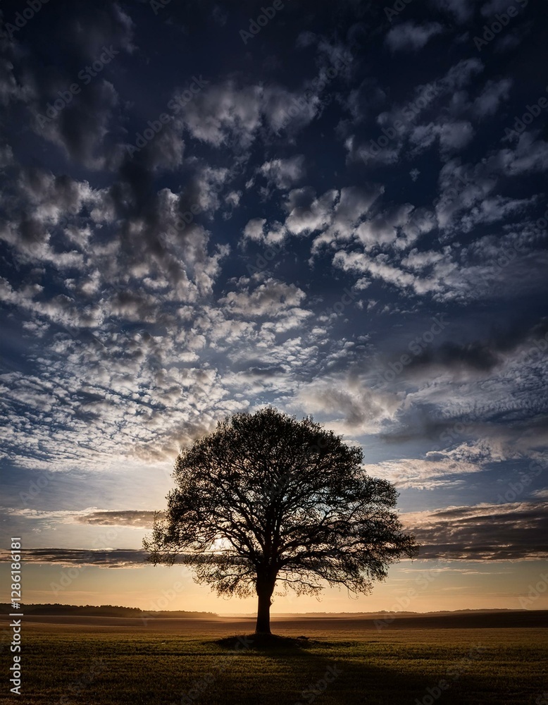 Obraz premium Silhouette of a single tree against an expansive cloudy sky