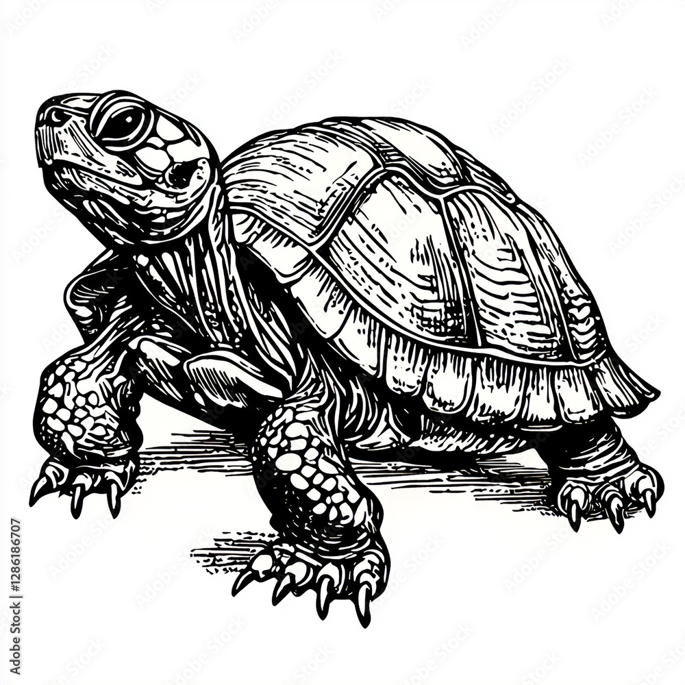 Fototapeta premium Turtle Crawling Monochrome Vector Art, Ideal for Wildlife Branding (這うカメ)