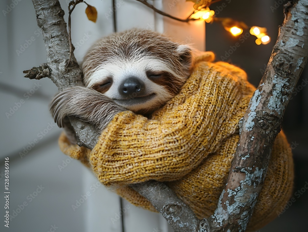 Fototapeta premium Sleepy Sloth Head Cozily Clinging to Glowing Branch Pillow in Soft Pastel Pajamas Serene Nature Scene