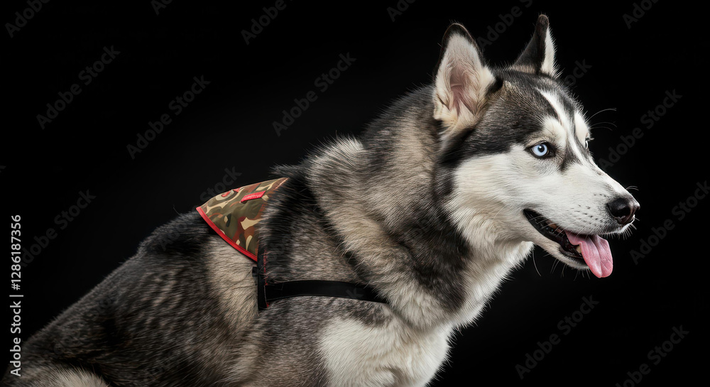 Siberian Husky Dog Portrait Wearing Camouflage Harness Studio Shot Black Background Siberian Husky Dog Portrait Wearing Camouflage Harness Studio Shot Black Background