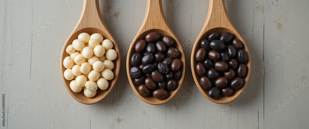 Three Wooden Spoons Displaying Assorted Chocolate-covered Candies, Arranged on a Light Wooden Surface Three Wooden Spoons Displaying Assorted Chocolate-covered Candies, Arranged on a Light Wooden Surface