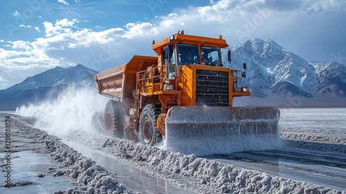 Heavy machinery clearing salt flats under a dramatic sky