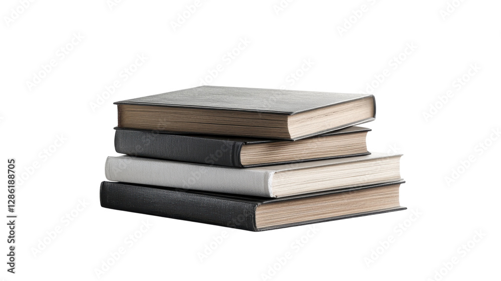 Stacked books featuring various colors and textures on a solid background in a bright setting