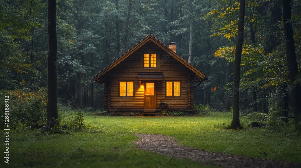 Cozy log cabin illuminated in a serene forest setting Cozy log cabin illuminated in a serene forest setting