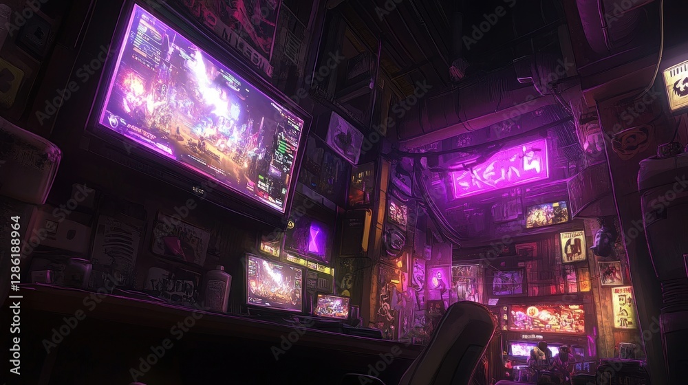 Obraz premium Neon Gaming Room with Multiple Screens and Cyberpunk Style Aesthetics