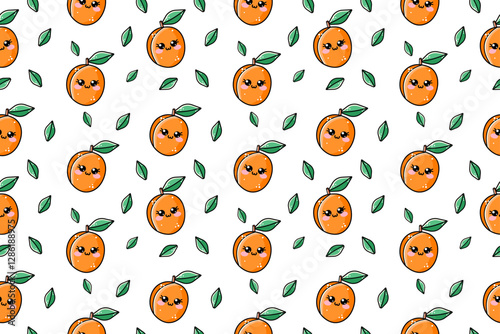 Seamless pattern with sweet kawaii cute vector illustration of orange apricot on white isolated background