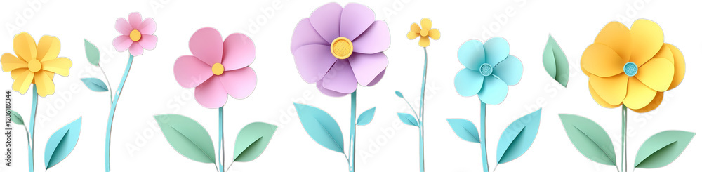 Obraz premium Colorful paper cutout flowers in a row with leaves on transparent background
