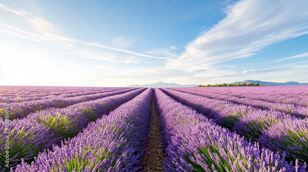 Obraz premium Elegant Lavender Fields Bathed in Soft Light Under Clear Sky