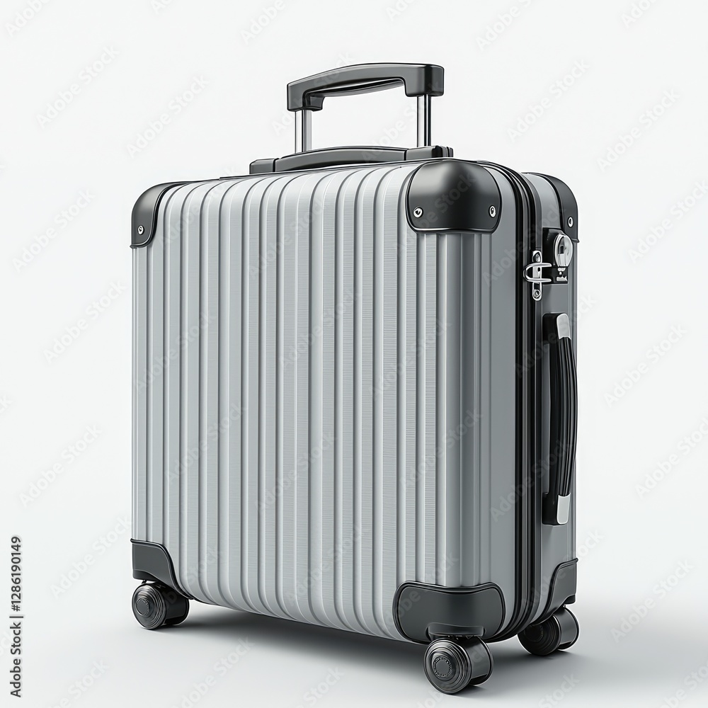 This silver suitcase sits upon wheels in a white background This silver suitcase sits upon wheels in a white background