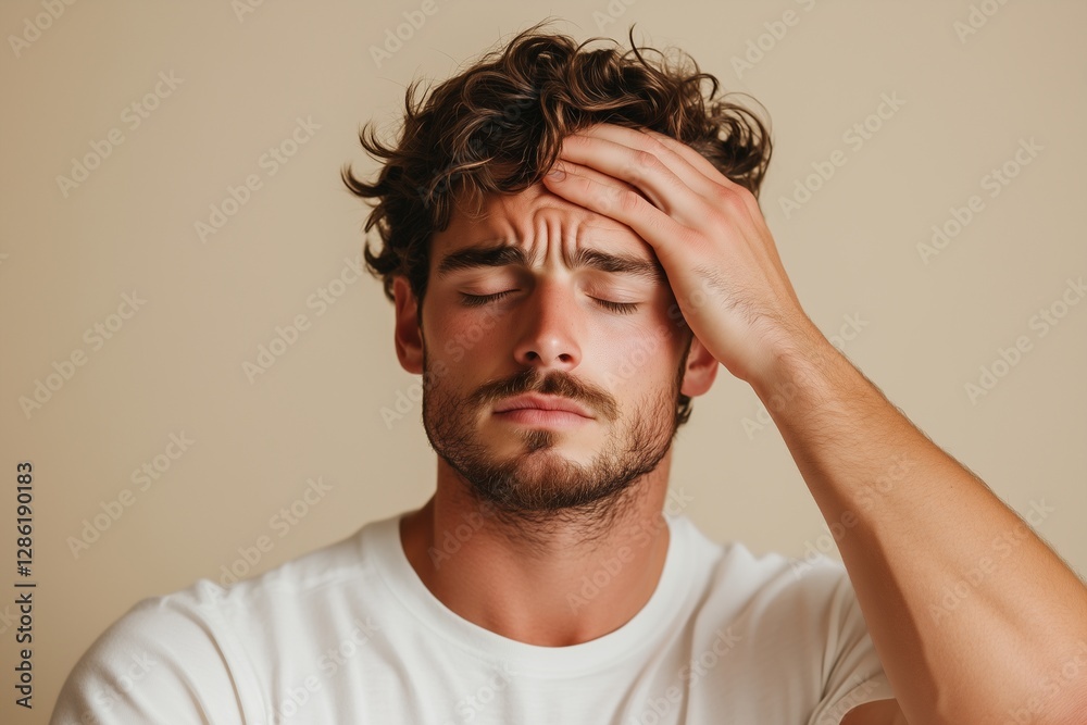 A modern young man with a headache expression, neutral cream background, studio portrait, minimalist design, focus on sharp and refined facial details and intense emotion. A modern young man with a headache expression, neutral cream background, studio portrait, minimalist design, focus on sharp and refined facial details and intense emotion.