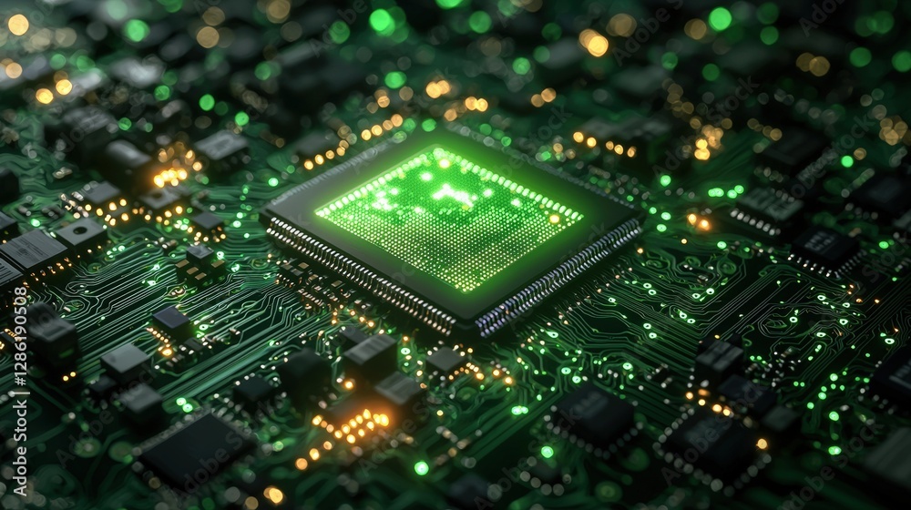 A complex circuit board featuring layers of green circuitry on top A complex circuit board featuring layers of green circuitry on top