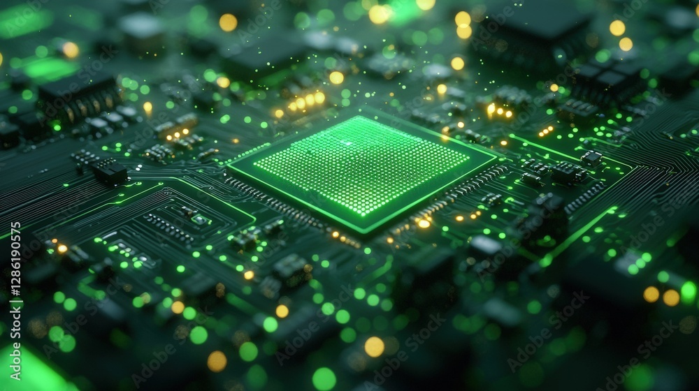Obraz premium Computer circuit with bright green lights highlighting electrical connections and components
