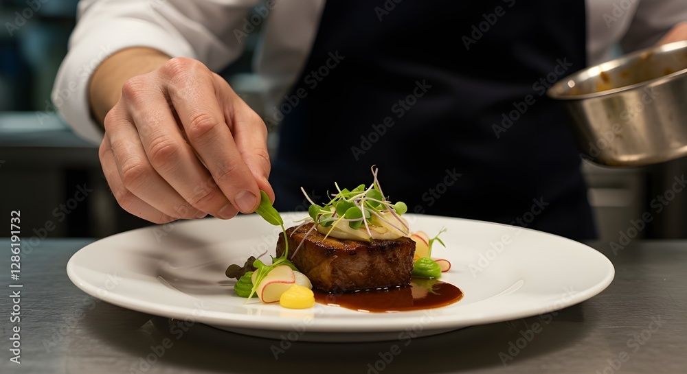 Maestro chef cocinero hombre manos cocinando con precisión aderezo preparando sabroso fresco delicioso delicioso plato gourmet comida en el plato para los clientes restaurante de 5 estrellas michelin Maestro chef cocinero hombre manos cocinando con precisión aderezo preparando sabroso fresco delicioso delicioso plato gourmet comida en el plato para los clientes restaurante de 5 estrellas michelin