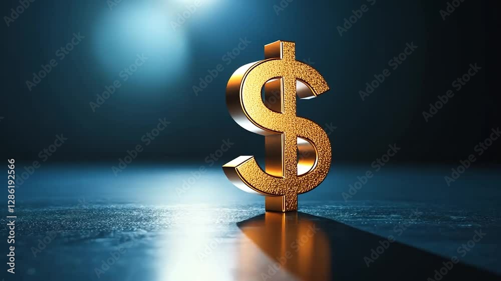 Golden dollar sign on dark reflective surface, spotlight, financial concept