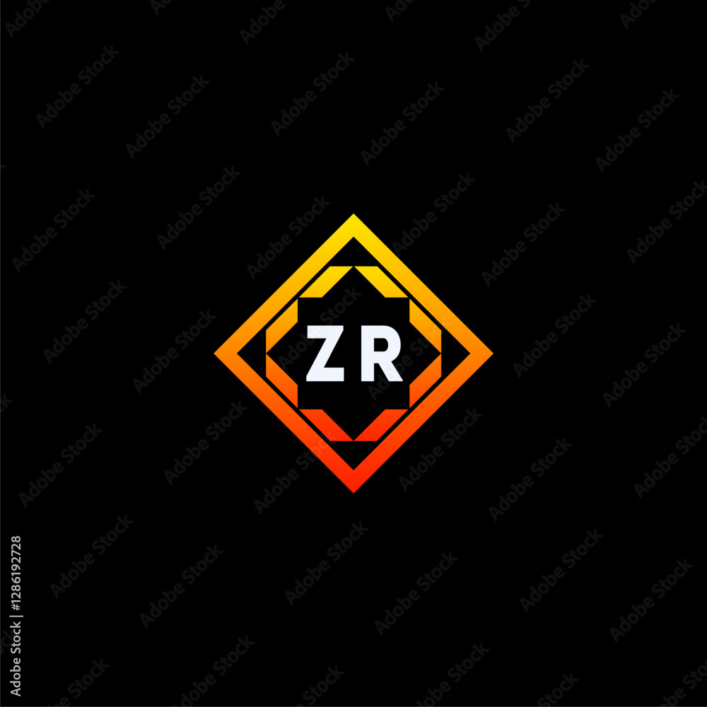ZR initials dynamic geometric logo design features a bold lettering sign in an orange and black color scheme, displayed against a dark background ZR initials dynamic geometric logo design features a bold lettering sign in an orange and black color scheme, displayed against a dark background