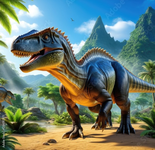 Majestic dinosaur in pristine prehistoric jungle landscape with lush greenery and mountains