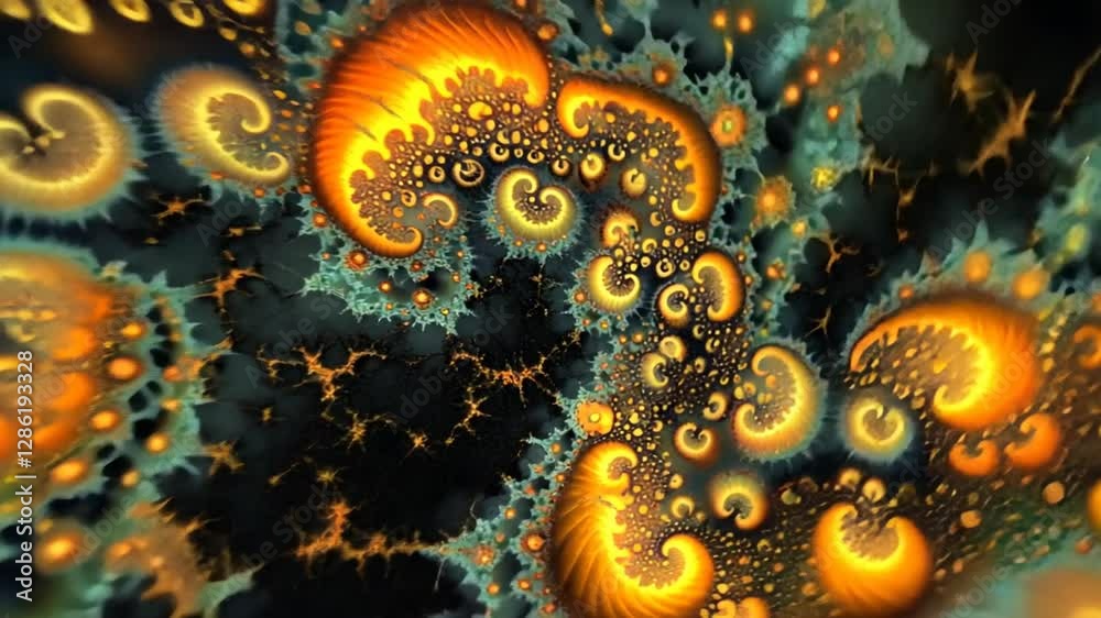 A vibrant, complex fractal image featuring swirling patterns and fiery color palettes. A vibrant, complex fractal image featuring swirling patterns and fiery color palettes.