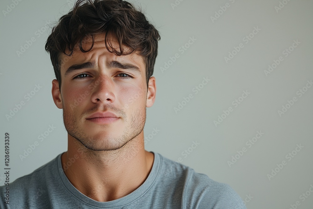 Fototapeta premium A stylish young man showing discomfort from a toothache, neutral gray background, sharp face details, studio lighting, minimalistic composition, focus on emotion and pain.