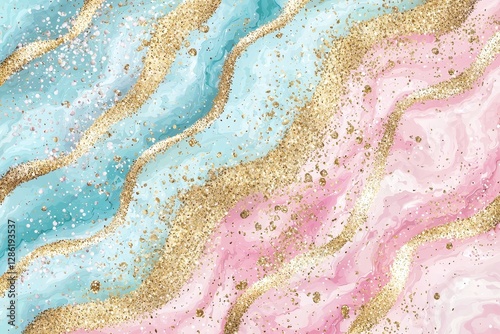 A modern illustration backdrop with pink and blue liquid marble patterns, gold foil textured stripes, and glitter dust. The pastel watercolor effect includes gold splatters.