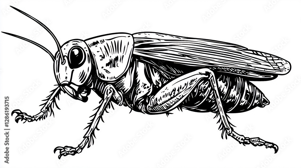 Obraz premium Intricate Monochrome Cartoon Cricket Sketch, Detailed Line Art for Nature and Insect Themes