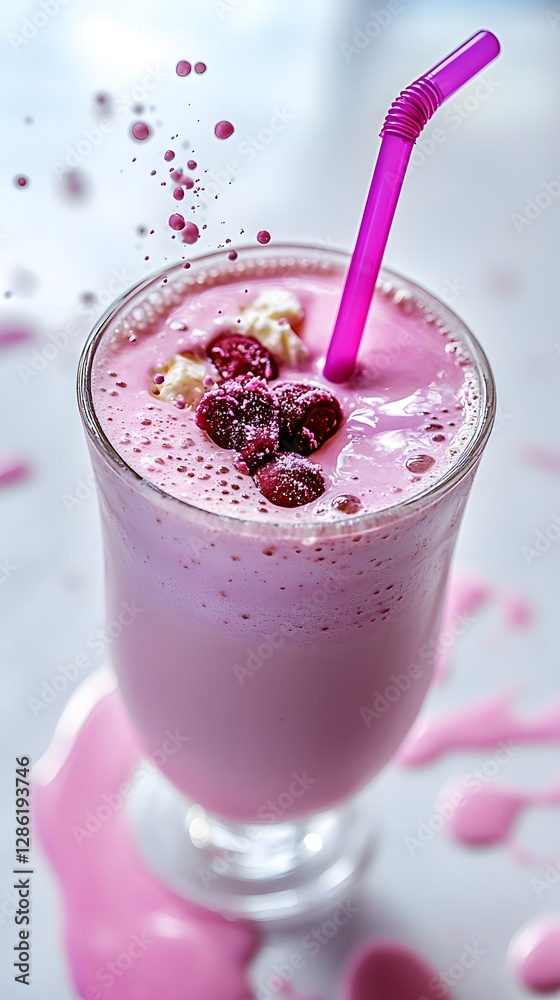 Delicious pink milkshake with fruit and a purple straw is shown Delicious pink milkshake with fruit and a purple straw is shown