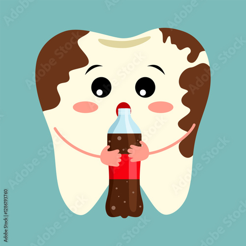 Funny cute tooth with a bottle of soda and with decay or caries in flat design.