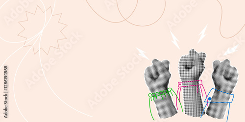 Diverse female hands raised for International Women's day. Feminism, empowerment and gender equality concept. Accelerate action IWD 2025 campaign. Halftone effect, Vector illustration