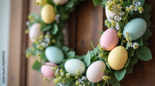 Easter wreath with pastel eggs and flowers hanging on a wooden door