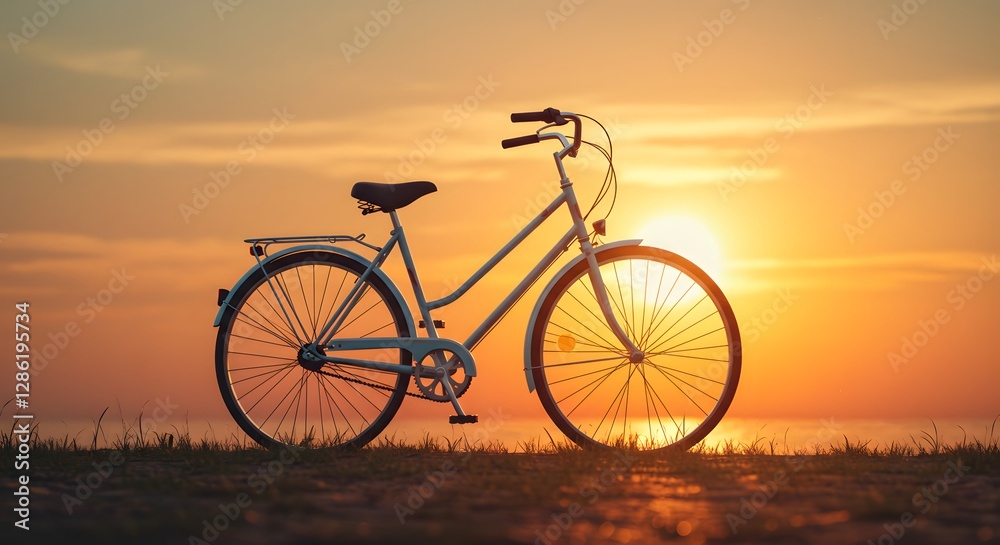 Fototapeta premium Sunset Bicycle Ride: Serene Evening by the Ocean
