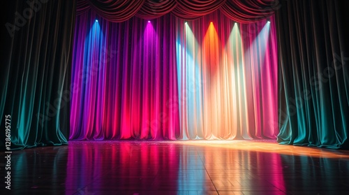 Grand Performance , Stage Curtains Parting Under a Bright Spotlight