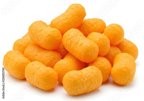 Pile of Crunchy Cheese Puffs, Orange Flavored Corn Snacks Isolated on White Background photo