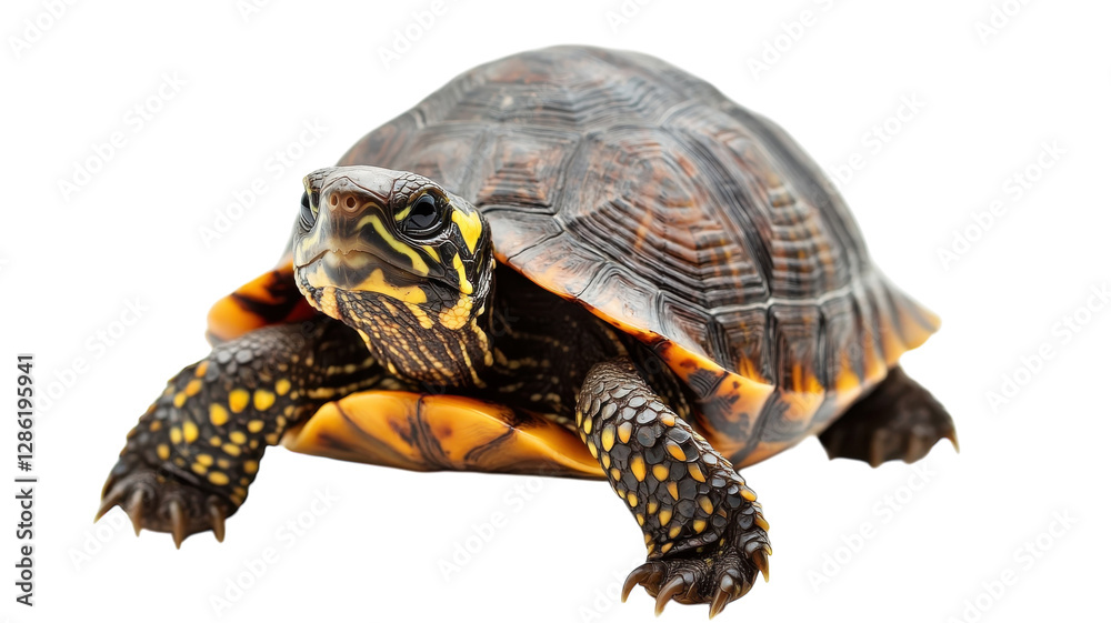 Obraz premium Colorful turtle crawling on a white surface while showcasing its unique shell patterns and vibrant colors