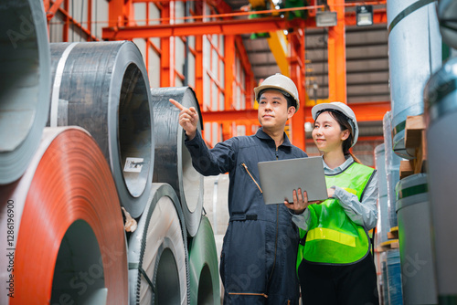 Wallpaper Mural Female Professional expertise inspector and engineering of are checking or examining the quality of Plate rolling metal sheet with order of industry or factory, Rolling machine quality safety control. Torontodigital.ca