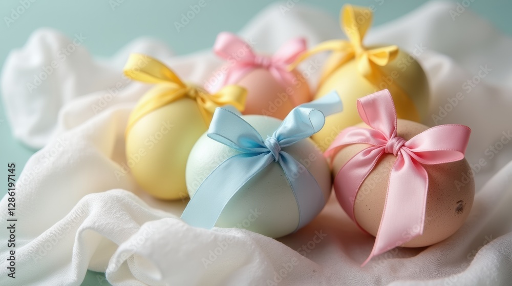 Pastel Easter eggs wrapped in silk ribbons with delicate bows on linen fabric Pastel Easter eggs wrapped in silk ribbons with delicate bows on linen fabric