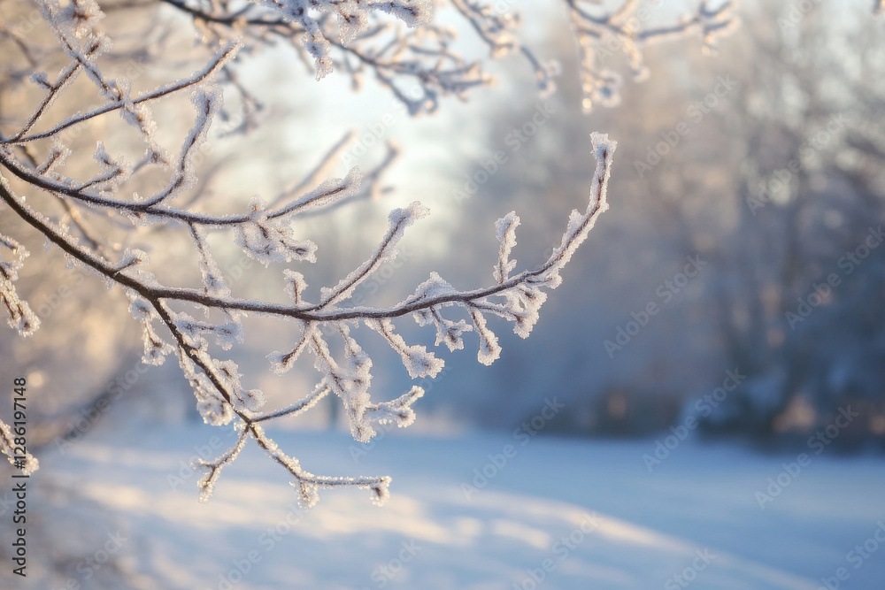 Obraz premium Morning light on frosted tree branches with winter landscape background