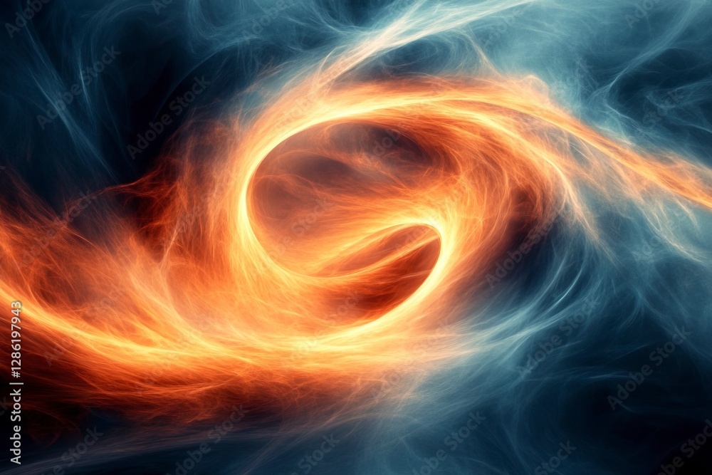 Fototapeta premium Black hole in the center of a swirling blue and orange cosmic background illustration