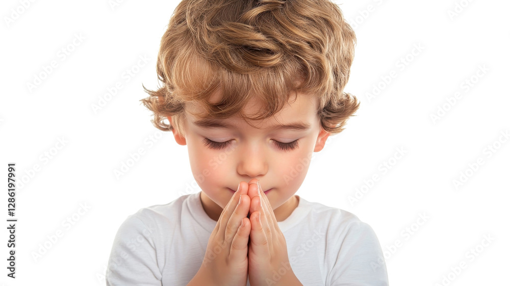 Child with curly hair practicing prayer with hands clasped in front of their face, calm expression in a softly lit environment Child with curly hair practicing prayer with hands clasped in front of their face, calm expression in a softly lit environment