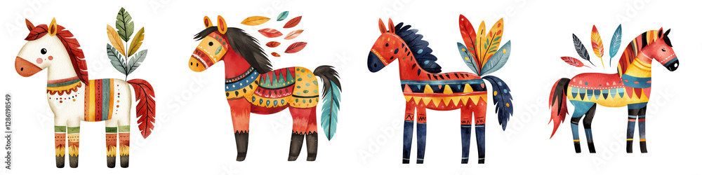 Obraz premium Colorful tribal horses with feather decorations in whimsical style, isolated on transparent background.