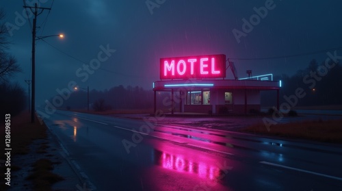Pink and purple neon motel sign glowing on wet pavement at night
